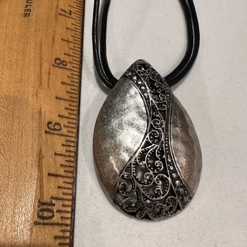 Premier Black Leather Necklace with Drop Pendant - Picture 2 of 3